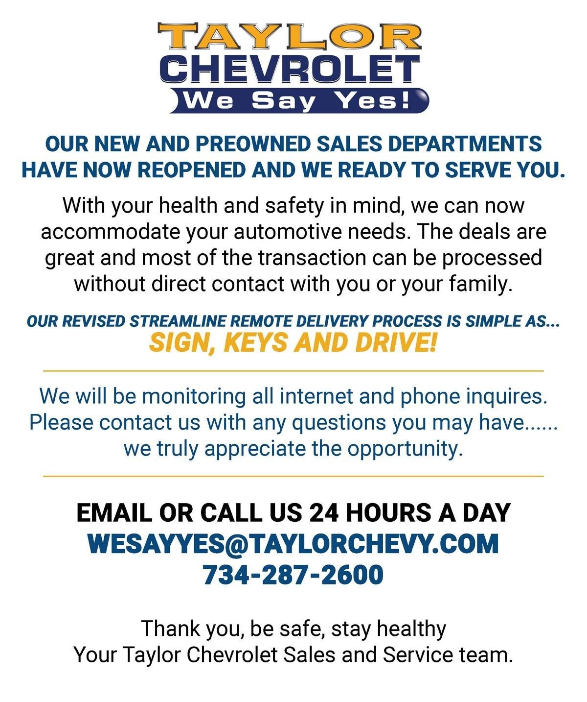 Announcement from Taylor Chevrolet stating that Sales departments have reopened, prioritizing customer health and safety.